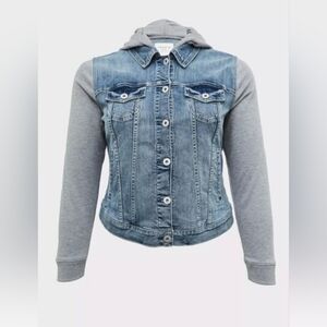 Torrid Size 2 Denim Hooded Jacket with Grey Sweatshirt Sleeves